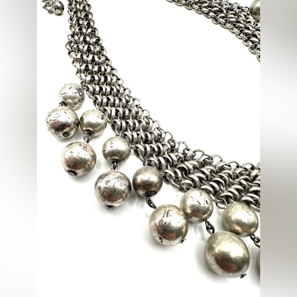 Old Silver Tone Bib Necklace with Dangling Balls-Statement Necklace - Picture 4 of 10